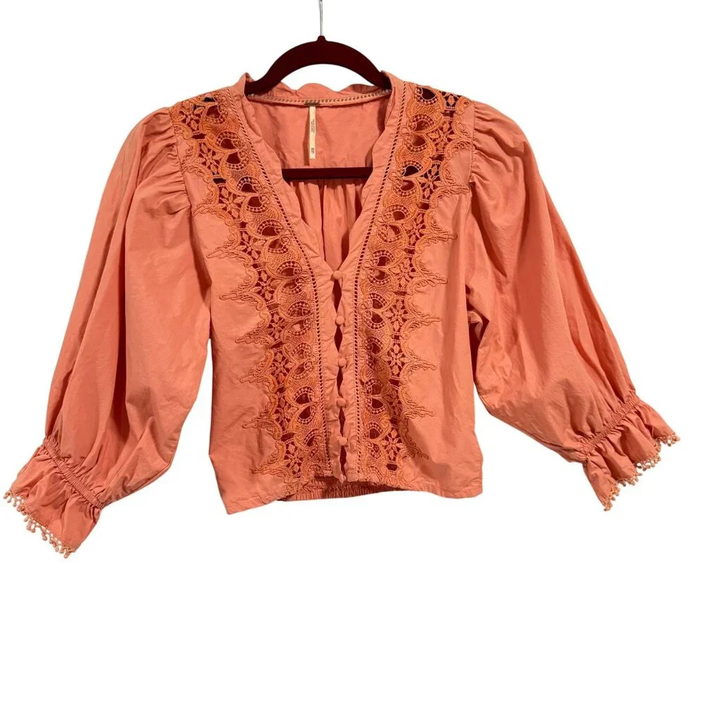 Free People Louella Embroidered Blouse in Savannah Red (Pink) Size XS